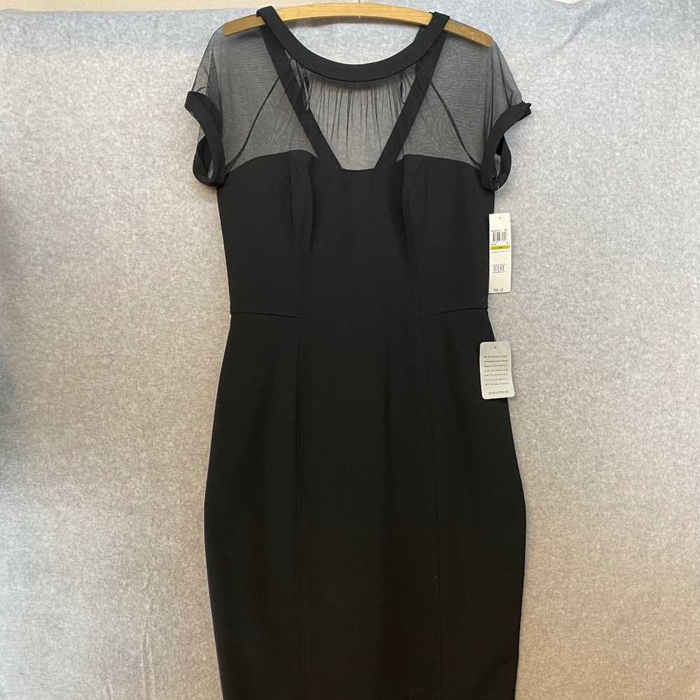 MAGGY LONDON 14 Black Sheer Illusion Yoke V-Back Crepe Cocktail LBD Dress 🖤